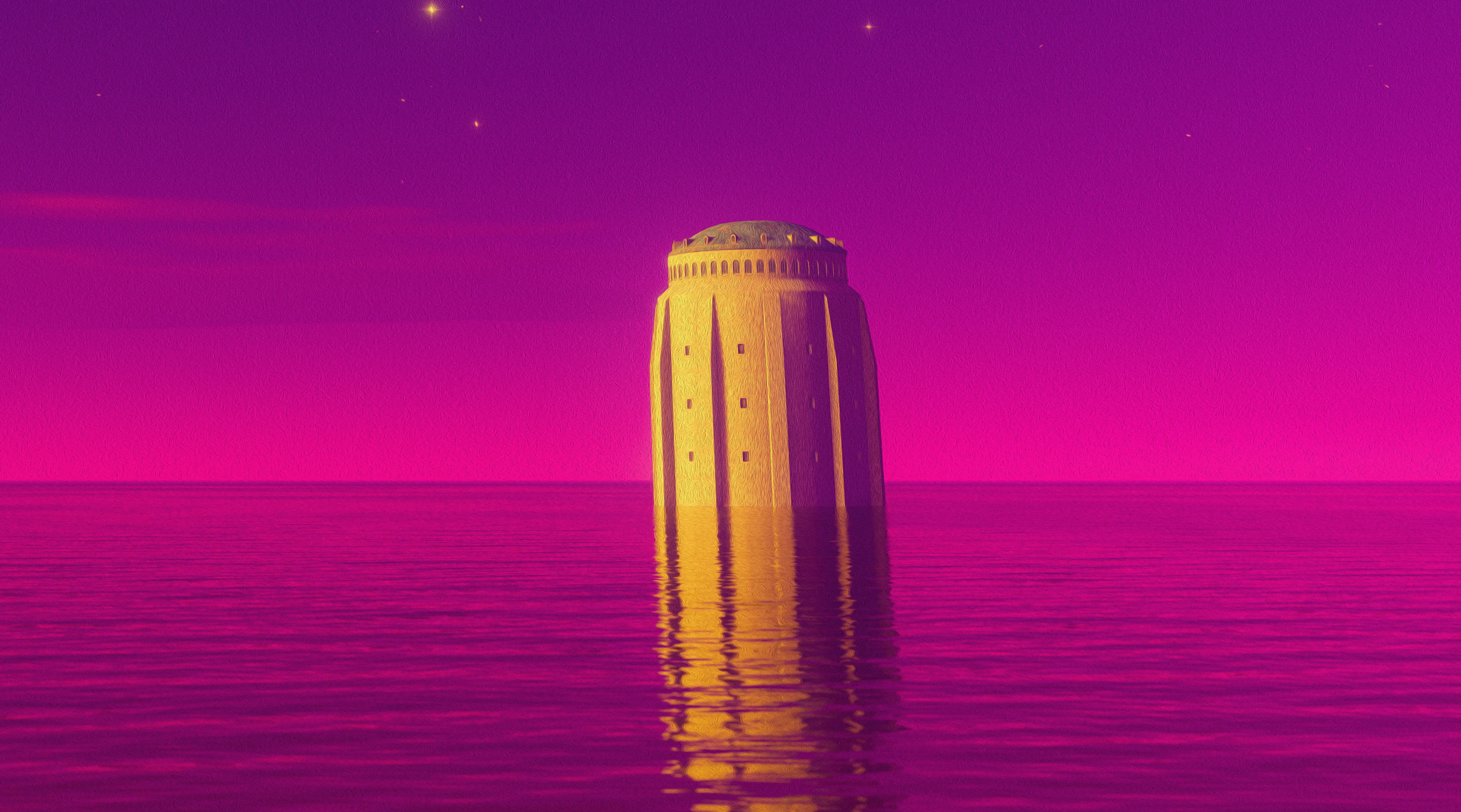Edificio en el agua estilo vaporwave.