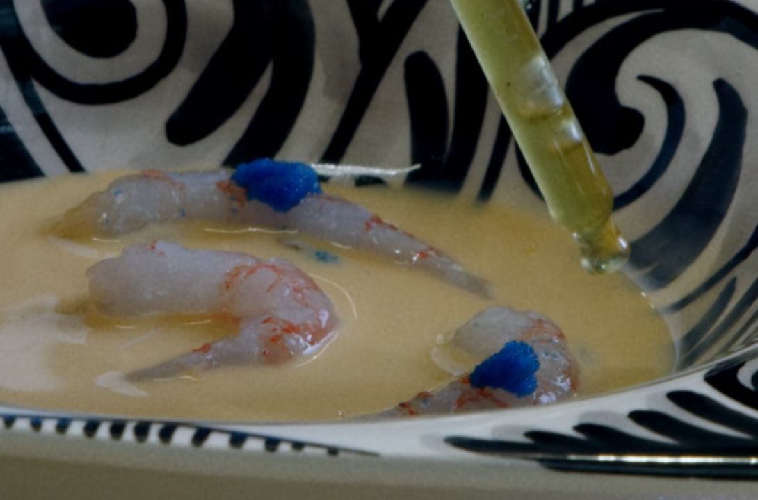 Gelée de pomelo con su escabeche, quisquilla y nieve de queso azul, la frescura hecha arte por Paco Morales